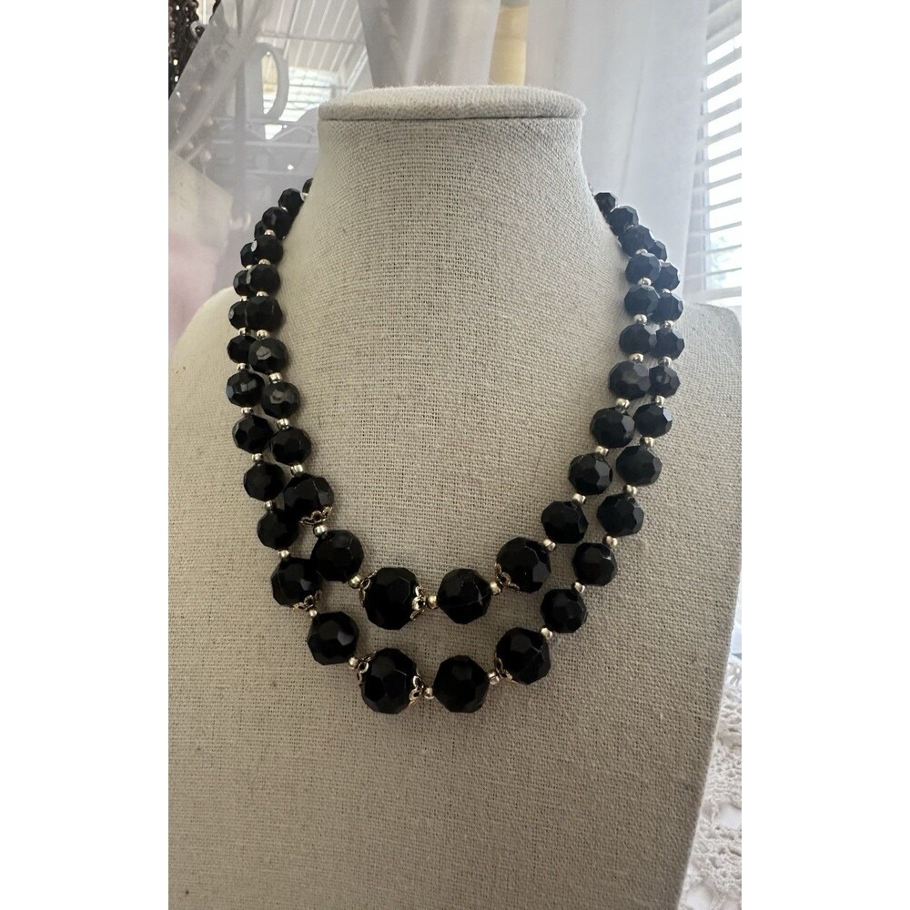 Vintage Double Strand Black Faceted Acrylic Bead Necklace Gold Tone 14” Choker